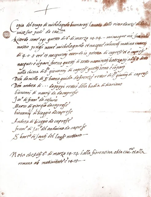 Historical birth record documenting Michelangelo, not his own writing