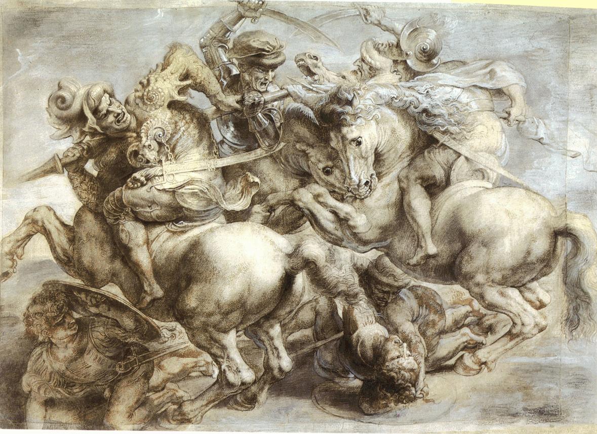 Studies for the Battle of Anghiari by Leonardo da Vinci, various media, c. 1503-1506