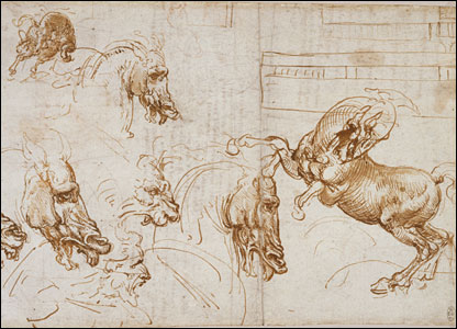 Study of horses and rider by Leonardo da Vinci, metalpoint on prepared paper