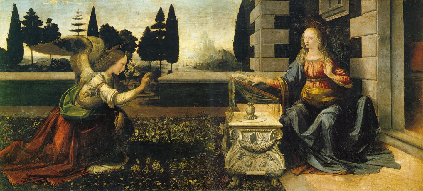 The Annunciation by Leonardo da Vinci, oil and tempera on panel, c. 1472-1475, Uffizi Gallery, Florence