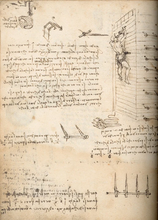 Notebook page combining handwritten notes and mechanical diagrams
