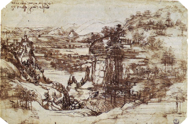 Leonardo's early landscape drawing with a dated handwritten inscription